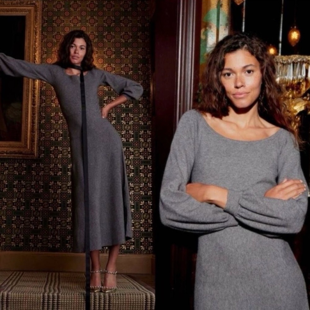 Hill House Gray Long-Sleeve Knit Midi Dress